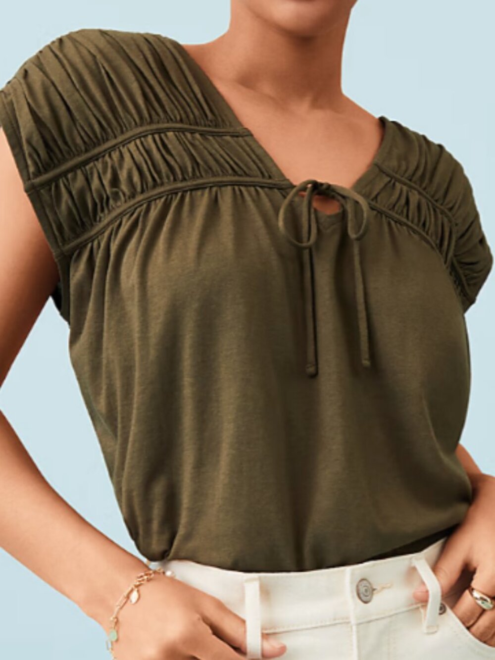 Loft Cotton-Blend Olive Green Shirred Tie Neck Cap Sleeve Top Women's XS